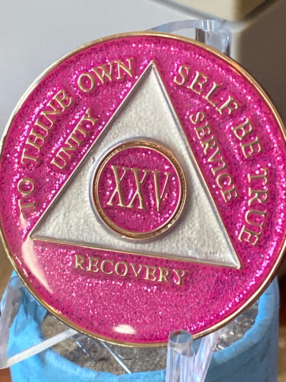 25 Year AA Medallion Pink Glitter Tri-Plate Sobriety Chip Serenity Prayer Back