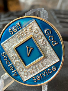 5 Year NA Clean Time Chip Blue Silver Glitter Narcotics Anonymous Medallion