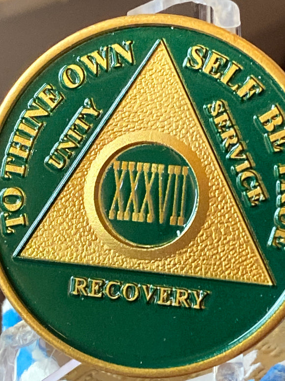 37 Year AA Medallion Green Gold Plated Sobriety Chip