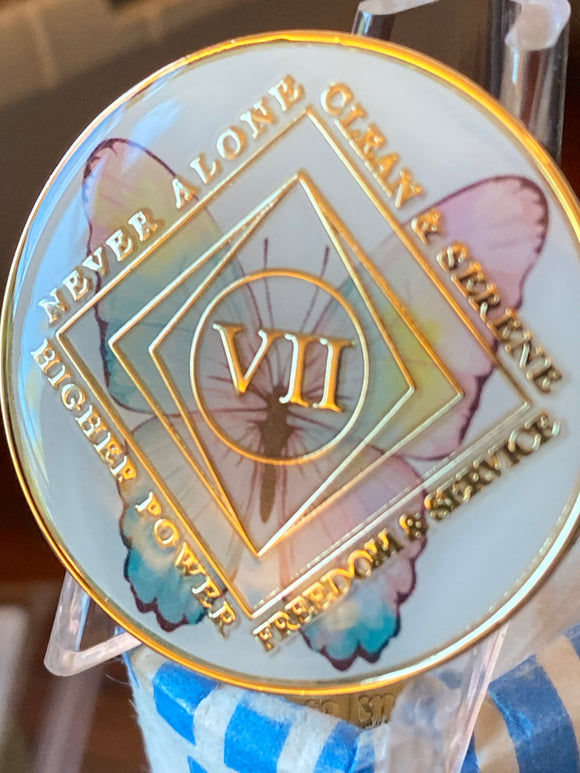 7 Year NA Style Butterfly Clean Time Chip Just For Today Medallion White