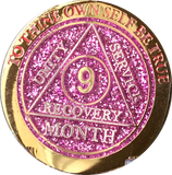 9 Month AA Medallion Reflex Pink Glitter Gold Plated Sobriety Chip