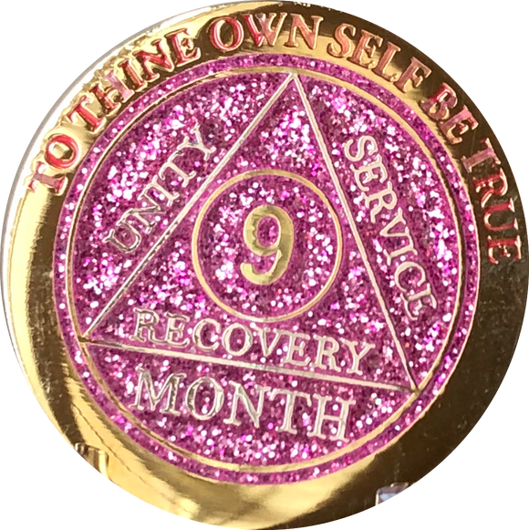 9 Month AA Medallion Reflex Pink Glitter Gold Plated Sobriety Chip