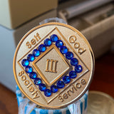 3 Year NA Clean Time Chip Bronze Sapphire Crystal Sobriety Medallion
