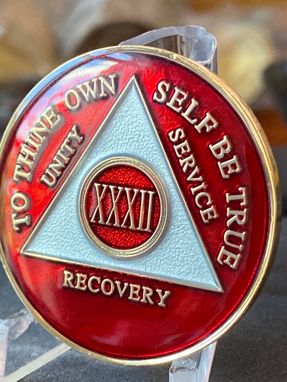 32 Year AA Medallion Red Tri-Plate Sobriety Chip Serenity Prayer Back