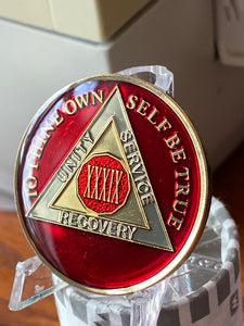 39 Year AA Medallion Metallic Mandarin Red Tri-Plate Sobriety Chip