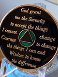 19 Year AA Medallion Metallic Green Tri-Plate Sobriety Chip Serenity Prayer Back