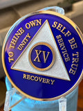 15 Year AA Medallion Blue Tri-Plate Sobriety Chip Serenity Prayer Back