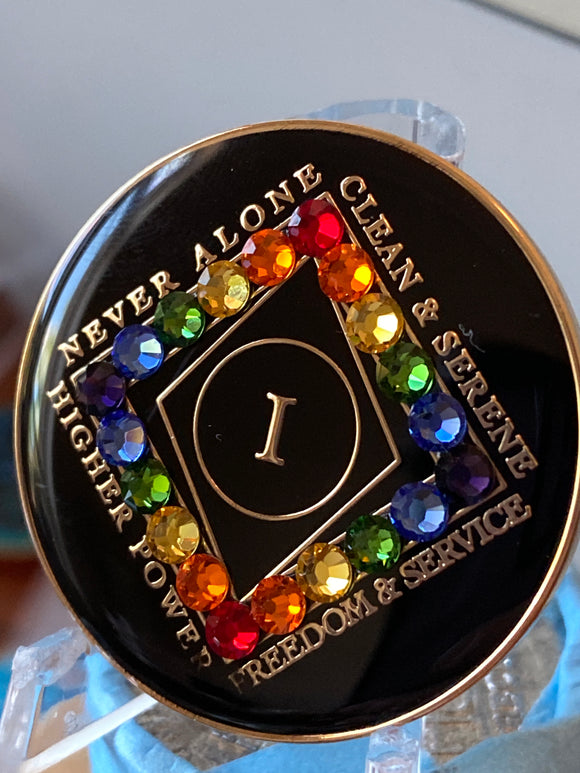 1 Year NA Style Clean Time Medallion Rainbow Crystal Black Tri-Plate Chip