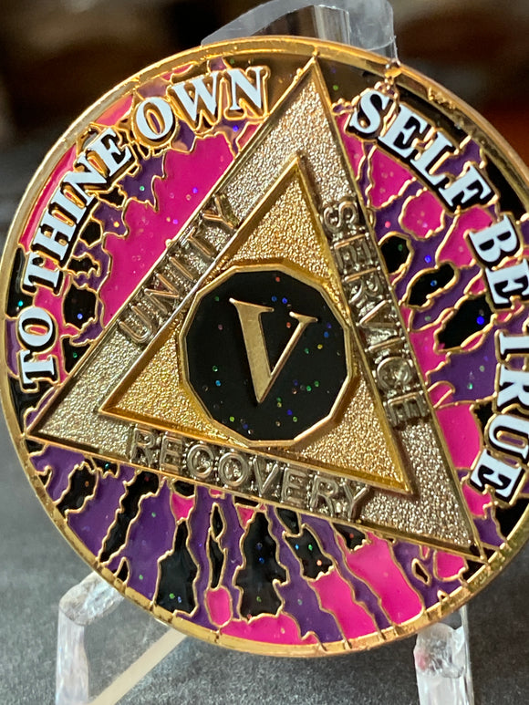 5 Year AA Medallion Hippie Tie Dye Pink Black  Sobriety Chip Serenity Prayer Back