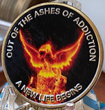 Out of The Ashes of Addiction A New Life Begins Color Phoenix Flames Sobriety Medallion