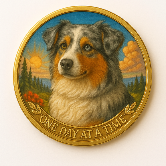 Australian Shepherd Gray Brown Color One Day At A Time Medallion Serenity Prayer Dog Chip