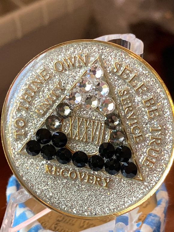 37 Year AA Medallion Silver Glitter Black Transition Crystal Sobriety Chip