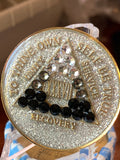 37 Year AA Medallion Silver Glitter Black Transition Crystal Sobriety Chip