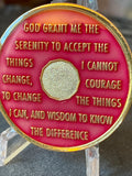 24 Hours AA Medallion Pink Tri-Plate Sobriety Chip Serenity Prayer Back