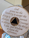 1 Year AA Medallion White Black Circle Shakra Crystal Sobriety Chip Serenity Prayer Back