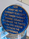 1 Month AA Medallion Blue Glitter Gold 30 Day Sobriety Chip Serenity Prayer Back