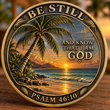 Be Still Psalm 46:10 tropical sunset scripture coin on display