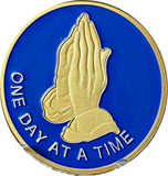 Praying Hands One Day At A Time Blue Gold Tone Serenity Prayer Medallion