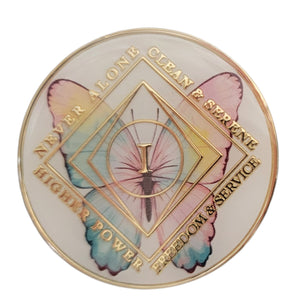 1 - 20 Year NA Clean Time Medallion Butterfly Design White Sobriety Chip