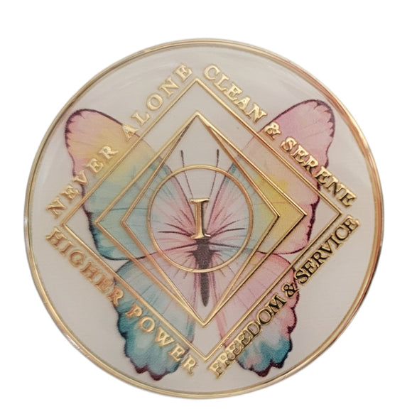 1 - 20 Year NA Clean Time Medallion Butterfly Design White Sobriety Chip