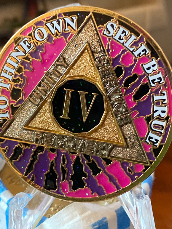 4 Year AA Medallion Hippie Tie Dye Pink Black  Sobriety Chip Serenity Prayer Back