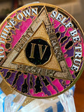 4 Year AA Medallion Hippie Tie Dye Pink Black  Sobriety Chip Serenity Prayer Back