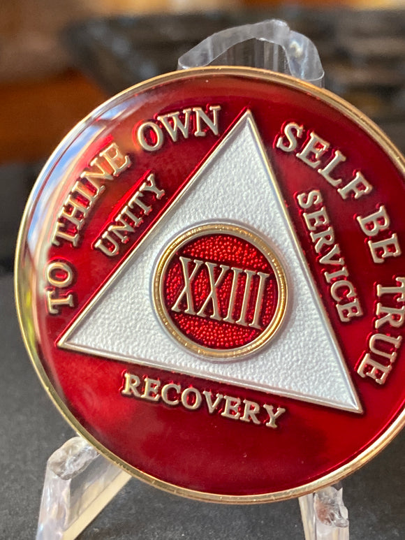 23 Year AA Medallion Glossy Red Tri-Plate Sobriety Chip Serenity Prayer Back