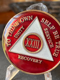 23 Year AA Medallion Glossy Red Tri-Plate Sobriety Chip Serenity Prayer Back