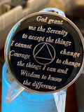 20 Year AA Medallion Black Tri-Plate Sobriety Chip Serenity Prayer Back