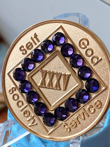 35 Year NA Clean Time Chip Purple Velvet Crystal Bronze Narcotics Anonymous Medallion