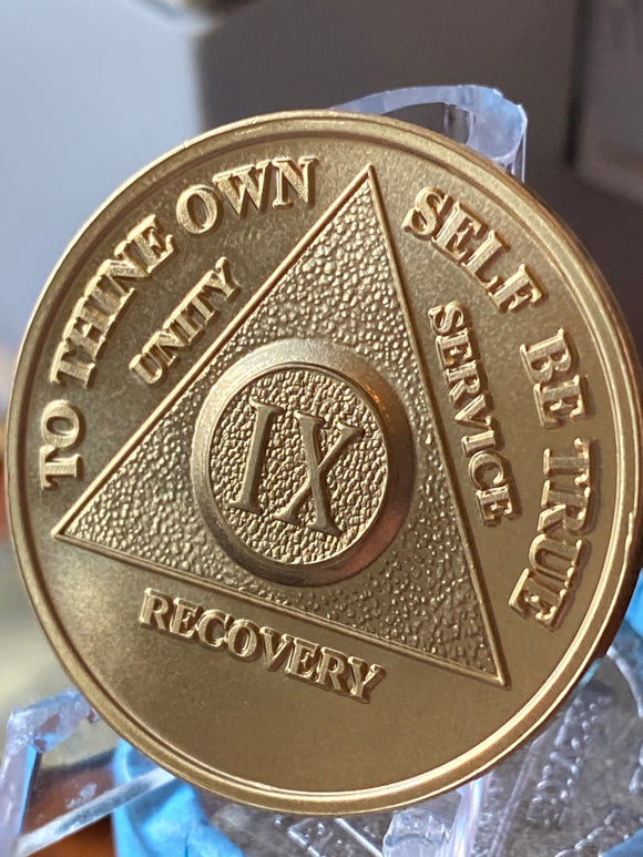 9 Year 24k Gold Plated AA Medallion Serenity Prayer Sobriety Chip