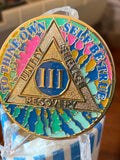 3 Year AA Medallion Hippie Tie Dye Pink Teal Sobriety Chip Serenity Prayer Back