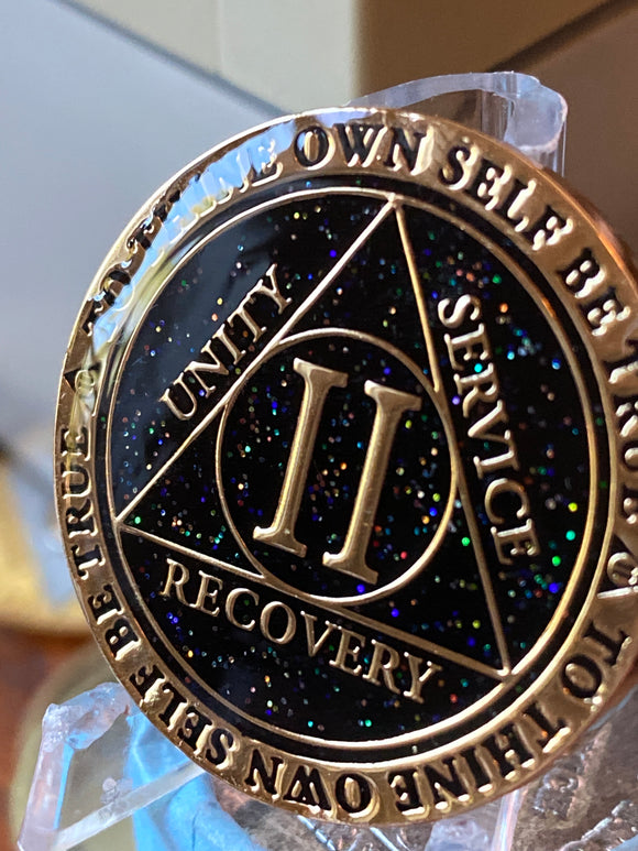 2 Year AA Medallion Reflex Black Glitter Gold Sobriety Chip