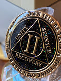 2 Year AA Medallion Reflex Black Glitter Gold Sobriety Chip