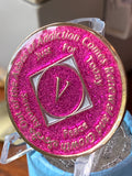 5 Year NA Style Clean Time Chip Pink Glitter Tri-Plate Medallion