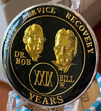 1 - 50 Year AA Founders Medallion Black Gold Plated Bill & Bob Sobriety Chip