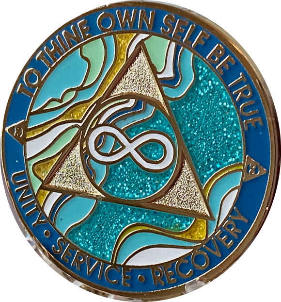 Infinity Eternal AA Medallion Elegant Marble Caribean Aqua Glitter Gold Sobriety Chip Coin