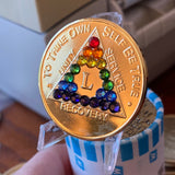 50 Year AA Medallion Gold Plated Rainbow LGBT Crystal Sobriety Chip