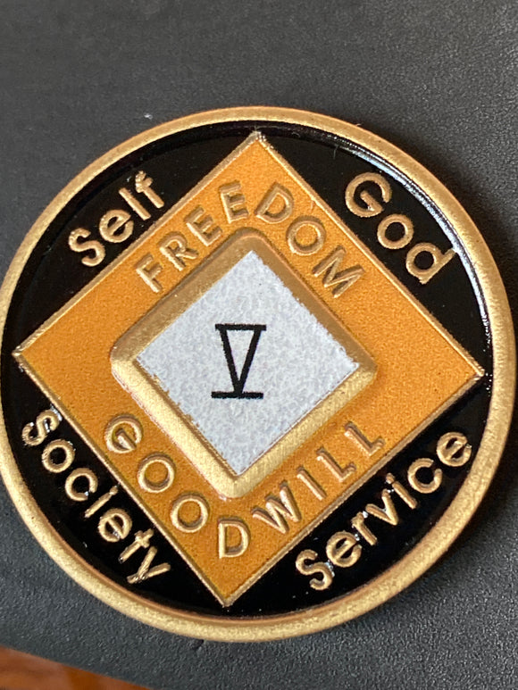 5 Year NA Medallion Orange White and Black Official Narcotics Anonymous Sobriety Chip