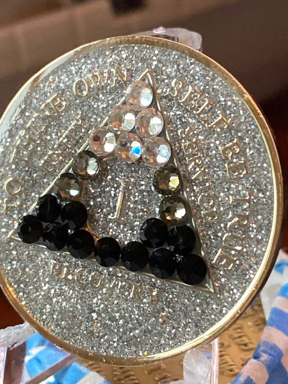 1 Year AA Medallion Silver Glitter Tri-plate Black Transition Crystal Sobriety Chip