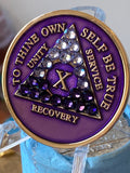 10 Year AA Medallion Purple Tri-plate Transition Crystal Sobriety Chip