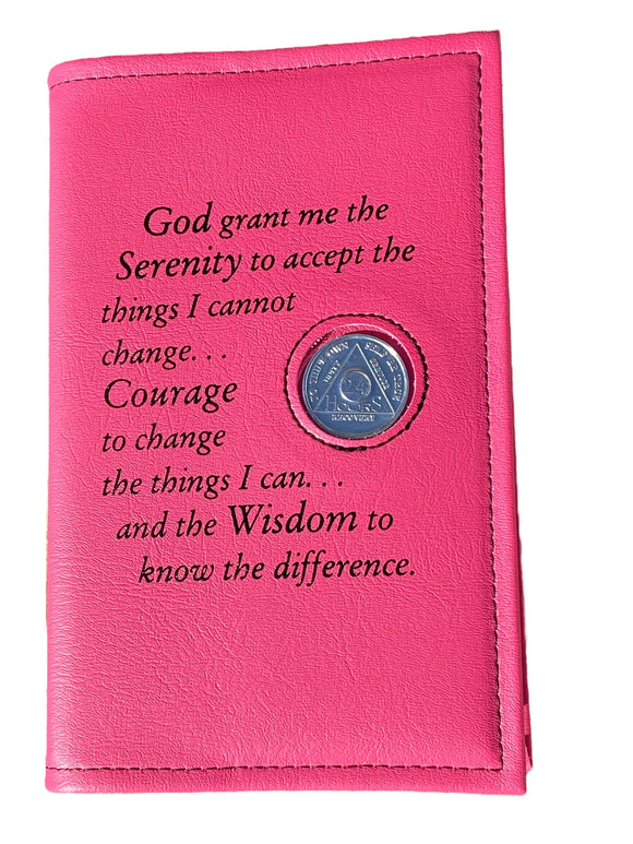 AA Big Book Cover Leather Feel Vinyl Medallion Holder Serenity Prayer Pink Color