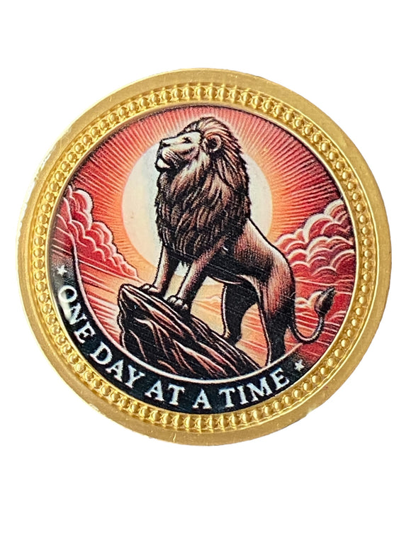 Lion Mountain Sunset One Day At A Time Medallion Serenity Prayer Chip