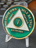 5 Year AA Medallion Metallic Green Tri-Plate Sobriety Chip Serenity Prayer Back