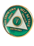 5 Year AA Medallion Metallic Green Tri-Plate Sobriety Chip Serenity Prayer Back