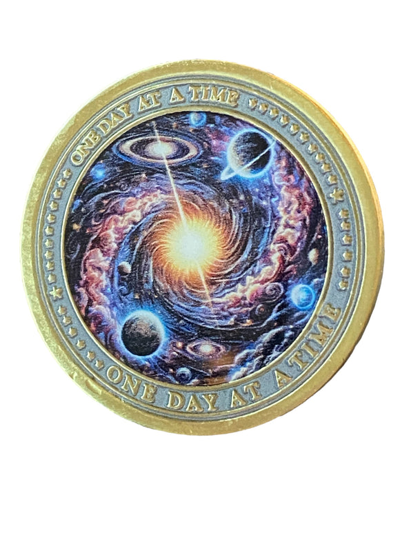 Planets Cosmic Universe Spiral One Day At A Time Medallion Serenity Prayer Chip