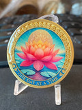 Pink Flotus Flower Lily pad Pond Scene One Day At A Time Medallion Serenity Prayer Chip