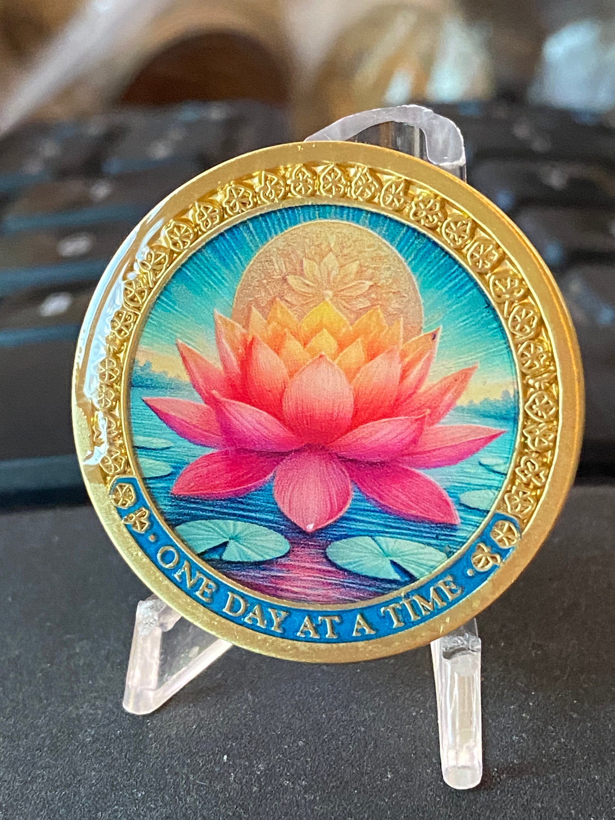 Pink Lotus Flower Lily pad Pond Scene One Day At A Time Medallion