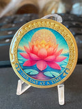 Pink Flotus Flower Lily pad Pond Scene One Day At A Time Medallion Serenity Prayer Chip