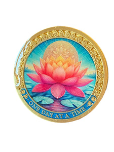 Pink Flotus Flower Lily pad Pond Scene One Day At A Time Medallion Serenity Prayer Chip